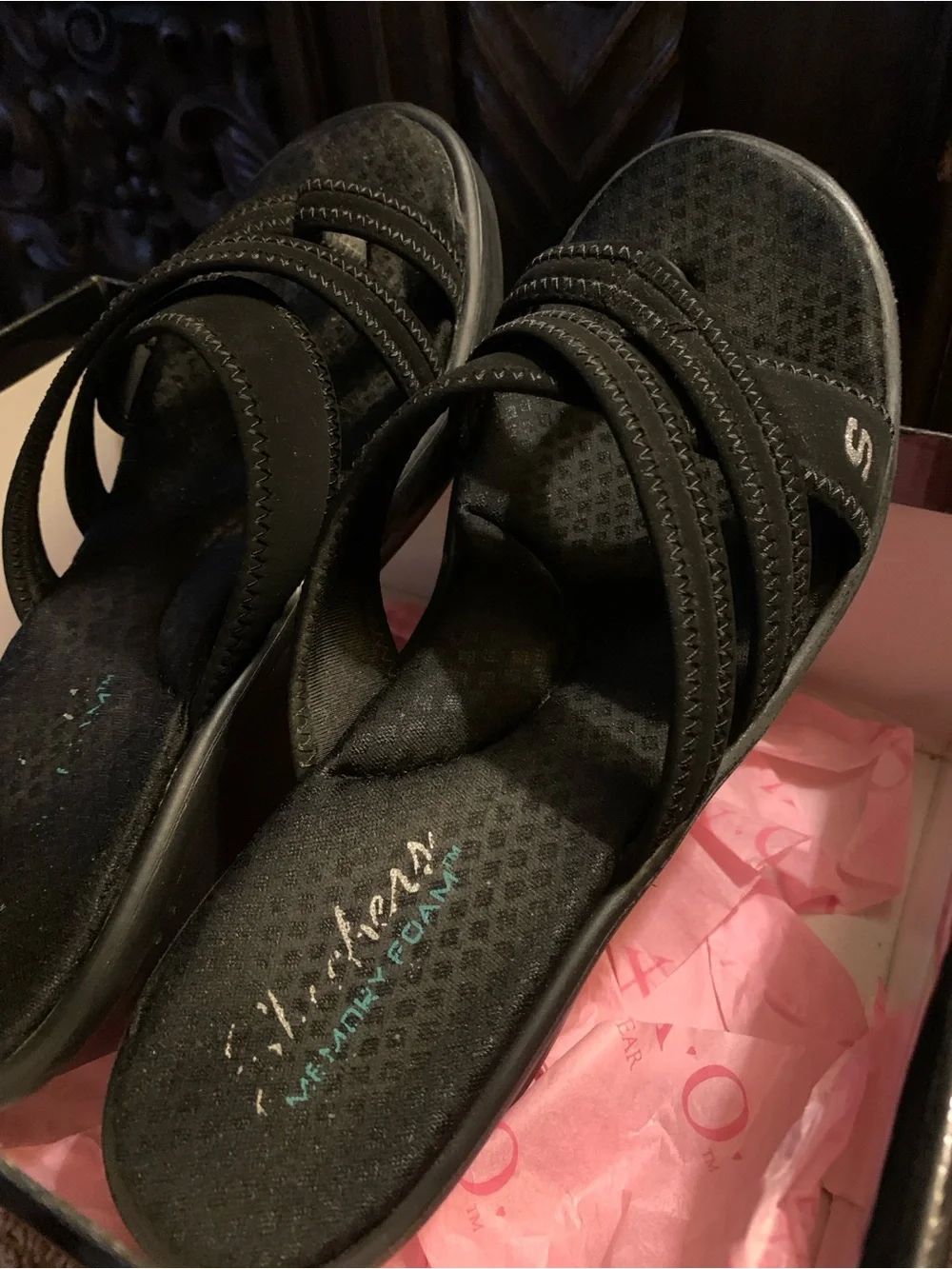 Skechers Black Slip-On Wedge Sandal with Crisscross Straps